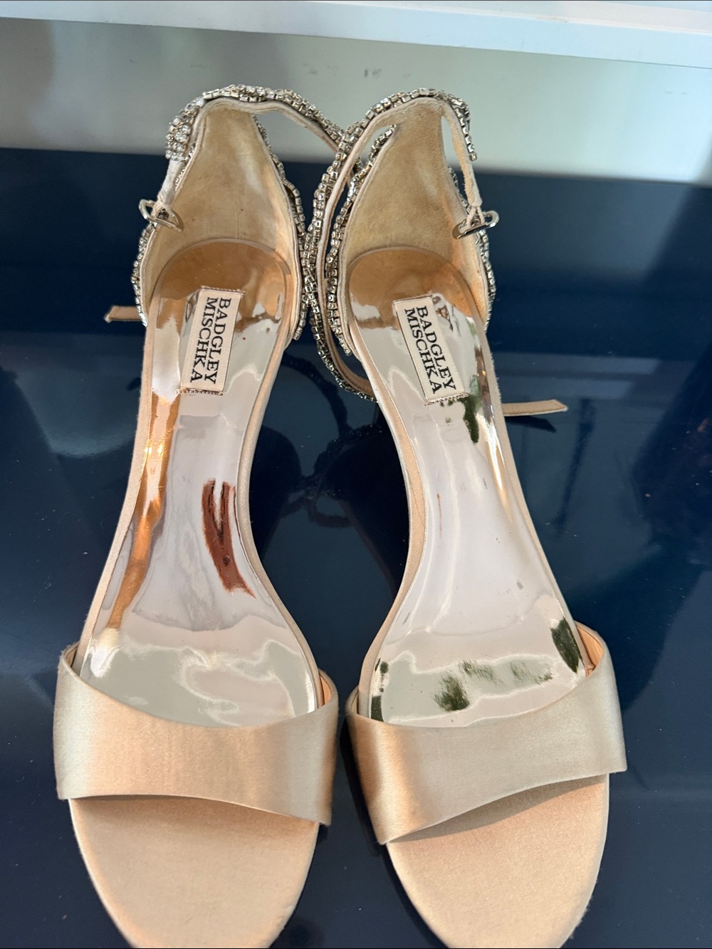 Badgley Mischka Gold Satin Jeweled Ankle-Strap Heels